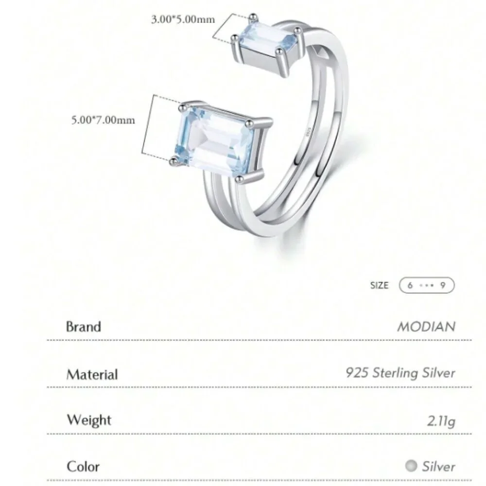 925 Silver Emerald Cut CZ Ring Stone Light Blue Cuff Ring Modern Sz 6 - 9